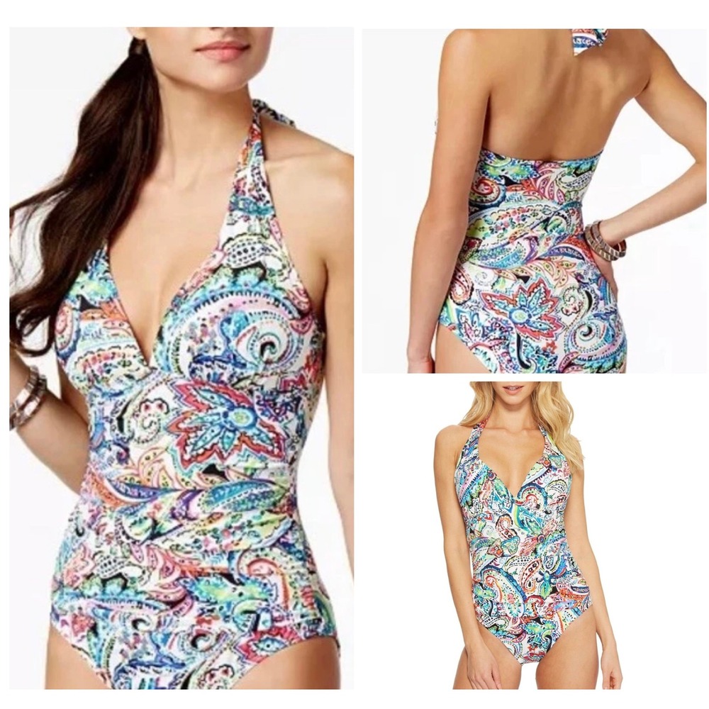 Lauren Ralph Lauren Womens Paisley Halter One Piece Swimsuit Multi Color Size‎ 8